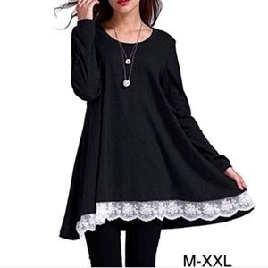 Black Long Sleeve Lace Hem Tunic Dress M-XXL